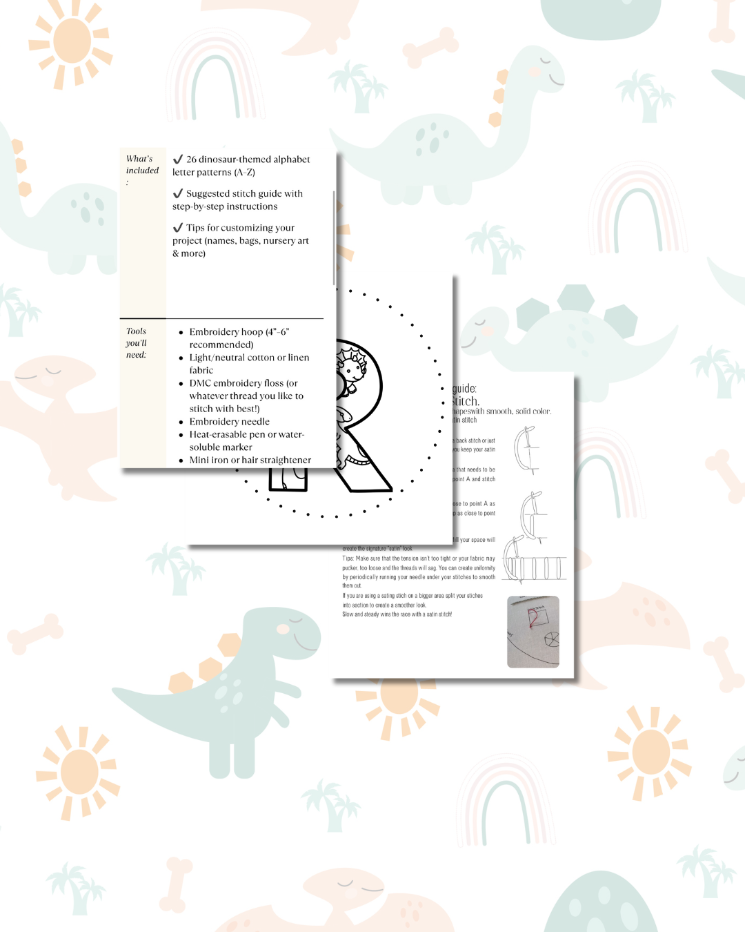 Dinosaur Alphabet Embroidery Pattern (PDF Download)